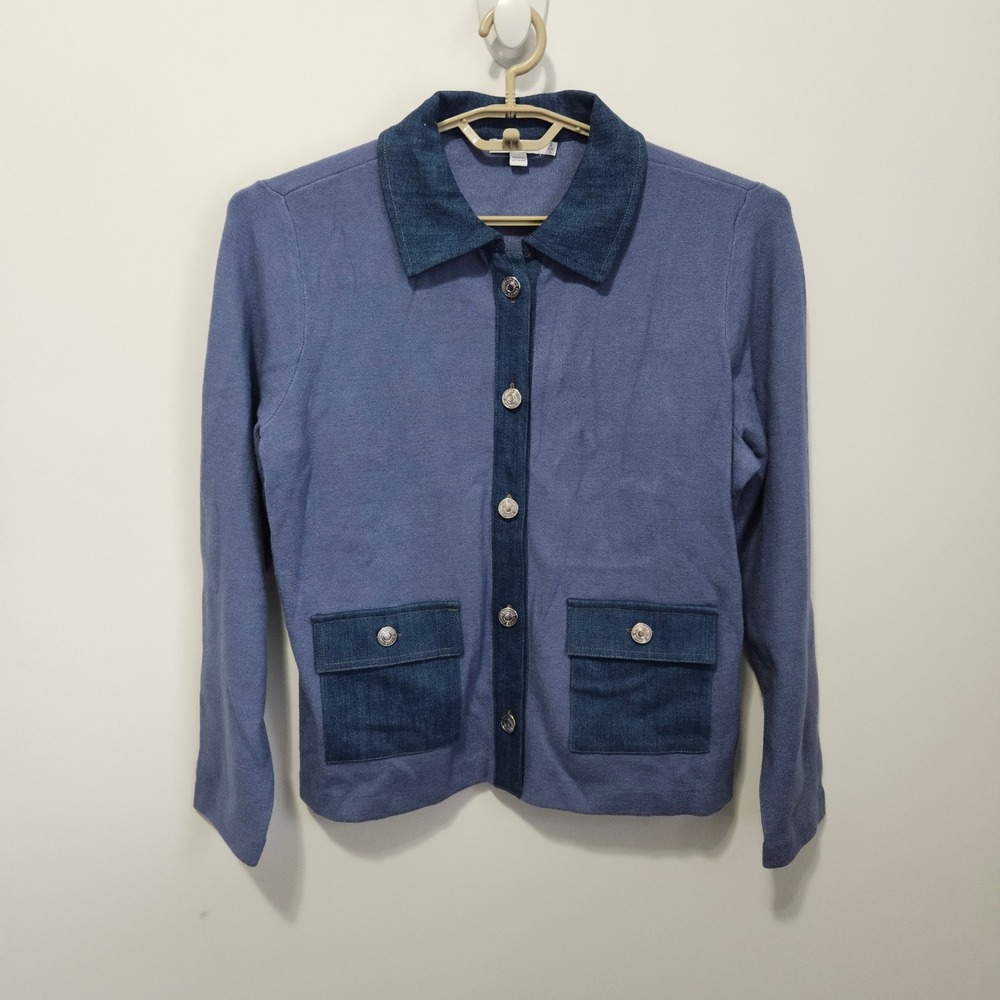 Chicos Blue Knit Button Front Jacket Cardigan Denim Trim 2 Large Office Thick